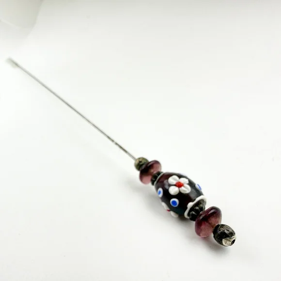 Victorian Lampwork Hat Pin Floral Glass Bead 7 Inch Antique Stick Pin - Picture 3 of 8